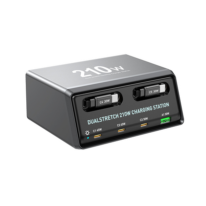 OEM WLX-60E USB-C-kaapelilla varustettu latausasema, 210W, 3A, 1 x USB-A - 3 x USB-C, Harmaa