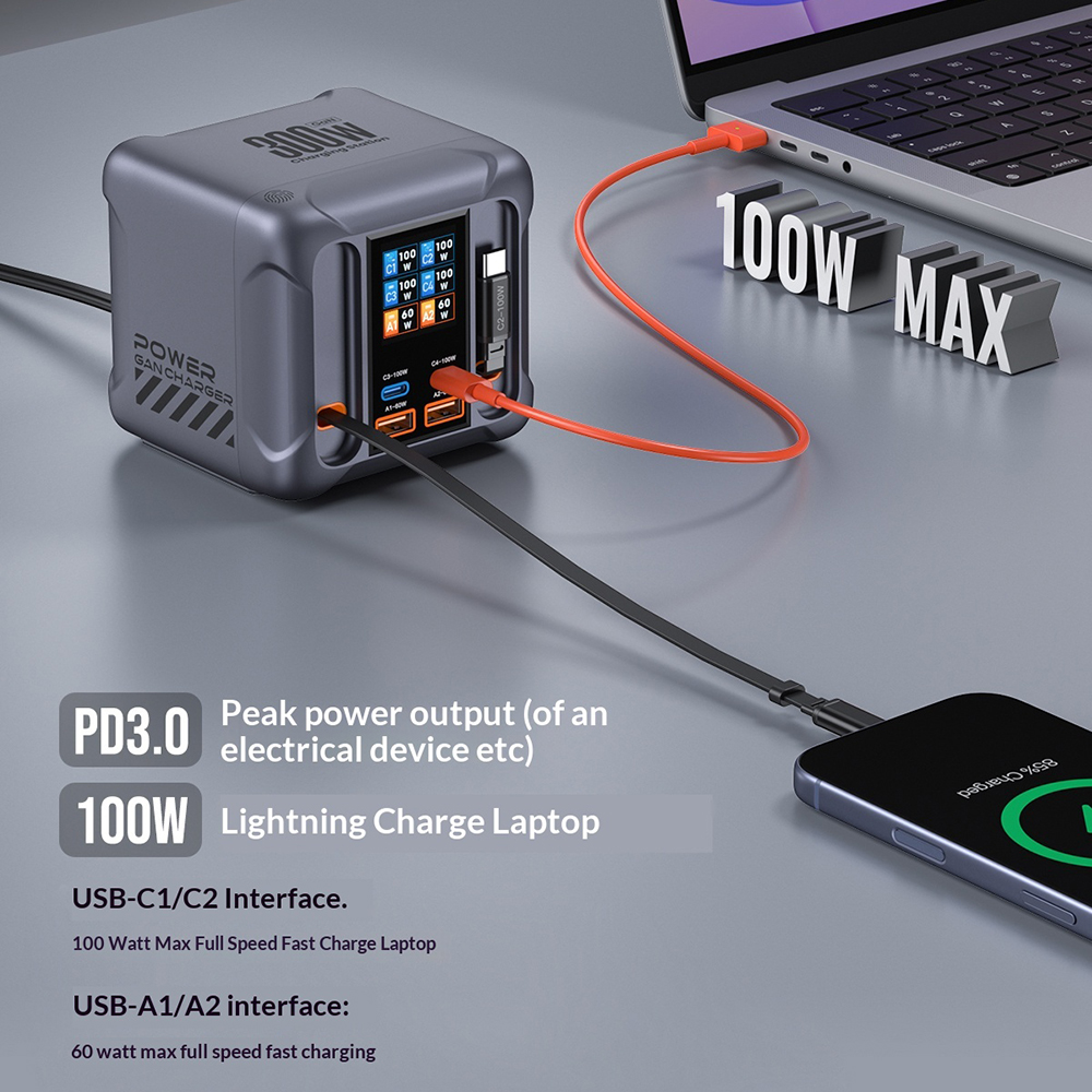 Laturi USB-C -kaapelilla varustettu OEM HW866 -latausasema, 300W, 5A, 2 x USB-A - 2 x USB-C, Harmaa
