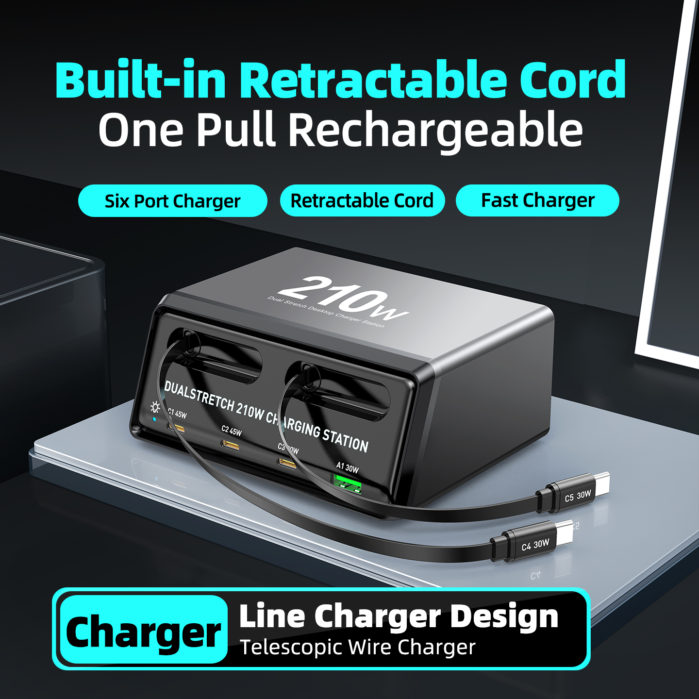 OEM WLX-60E USB-C-kaapelilla varustettu latausasema, 210W, 3A, 1 x USB-A - 3 x USB-C, Harmaa