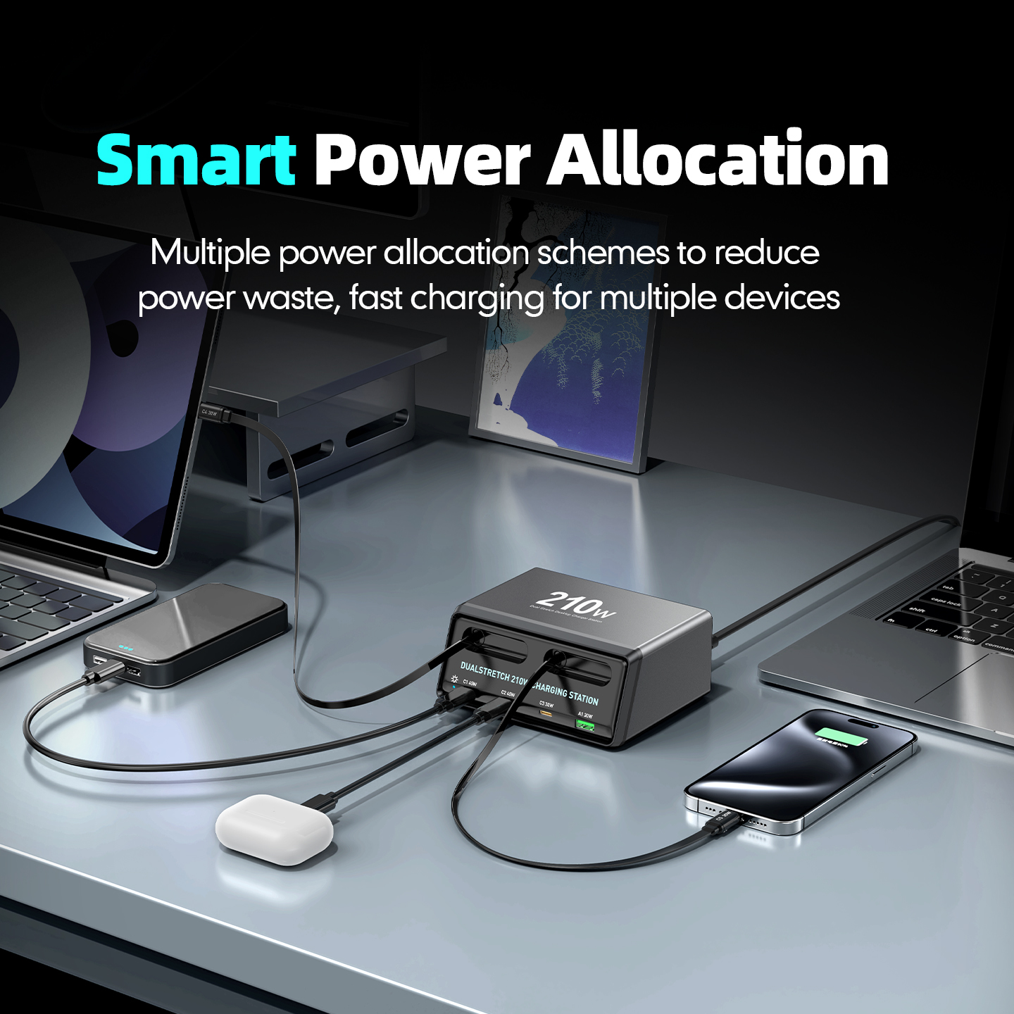 OEM WLX-60E USB-C-kaapelilla varustettu latausasema, 210W, 3A, 1 x USB-A - 3 x USB-C, Harmaa