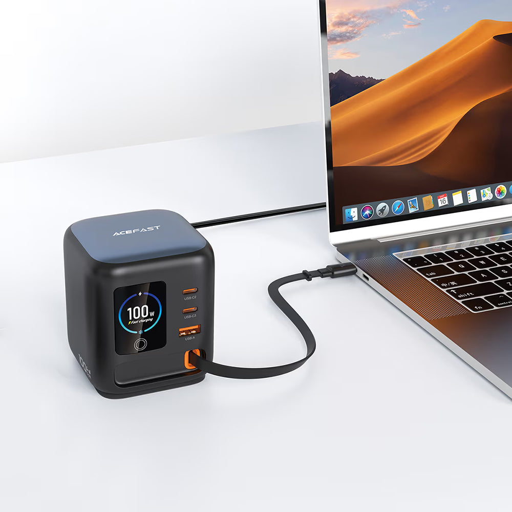 Acefast Z10 USB-C-kaapelilla varustettu latausasema, 100W, 1 x USB-A - 2 x USB-C, musta