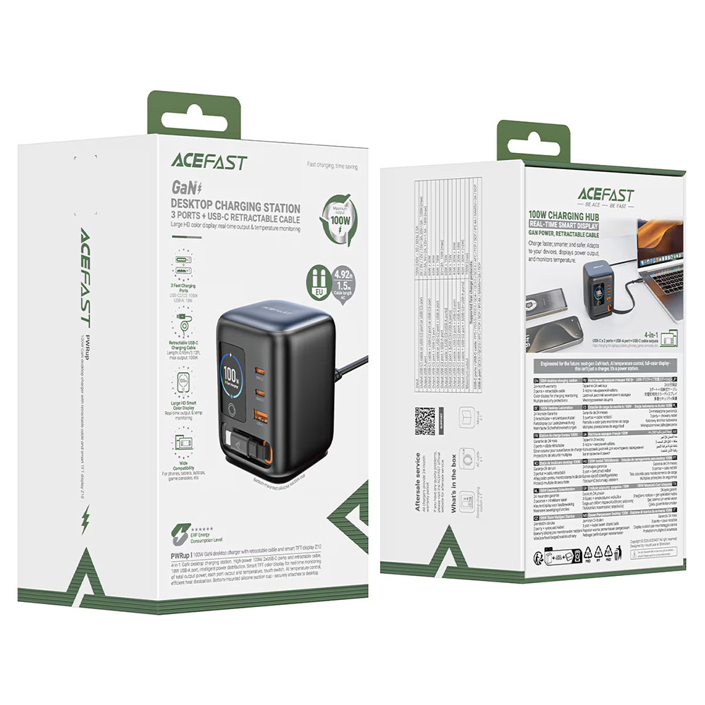 Acefast Z10 USB-C-kaapelilla varustettu latausasema, 100W, 1 x USB-A - 2 x USB-C, musta
