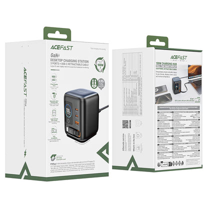 Acefast Z10 USB-C-kaapelilla varustettu latausasema, 100W, 1 x USB-A - 2 x USB-C, musta
