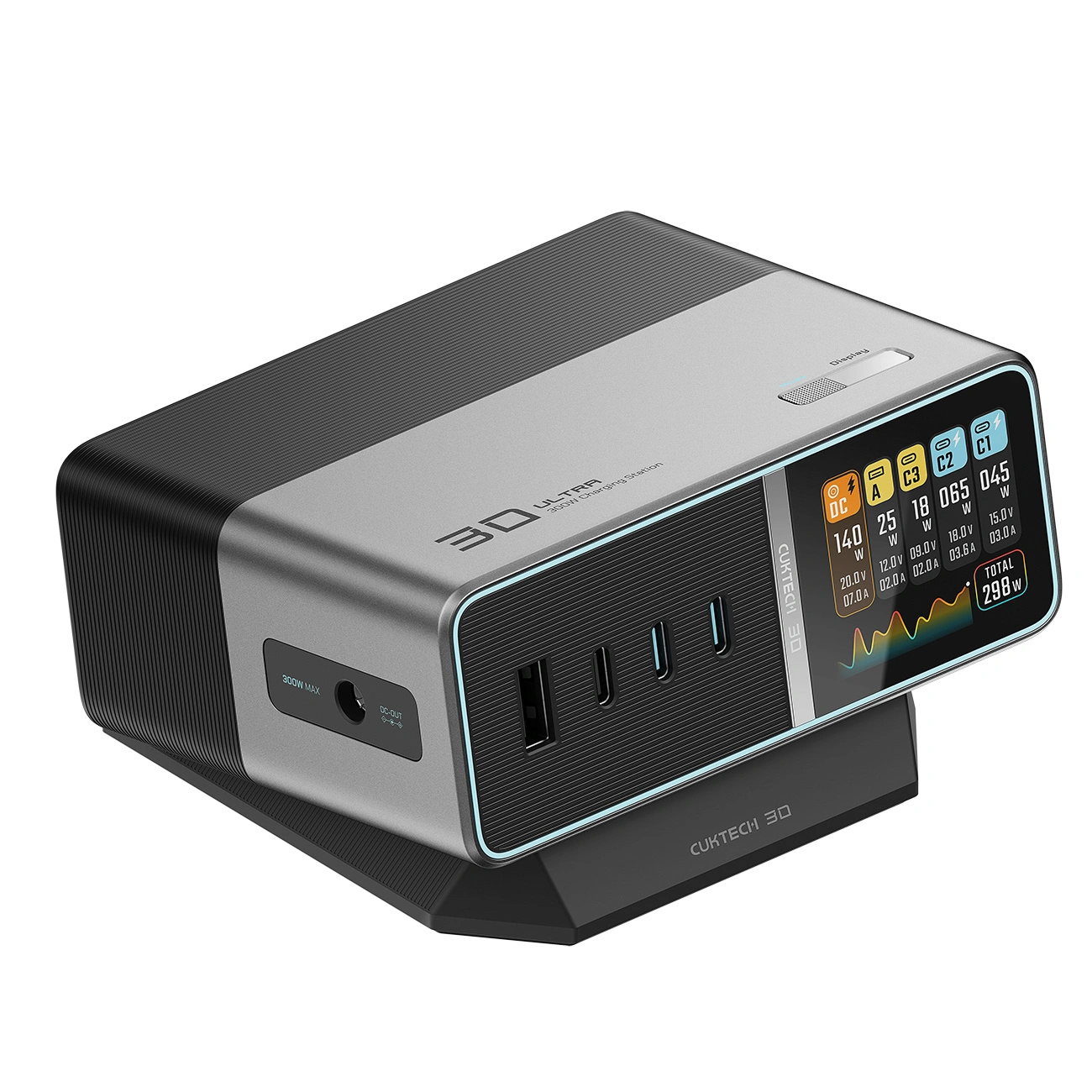 Cuktech TA3005U -latausasema, 300W, 1 x DC - 1 x USB-A - 3 x USB-C, harmaa
