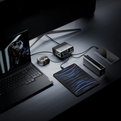 Cuktech TA3005U -latausasema, 300W, 1 x DC - 1 x USB-A - 3 x USB-C, harmaa