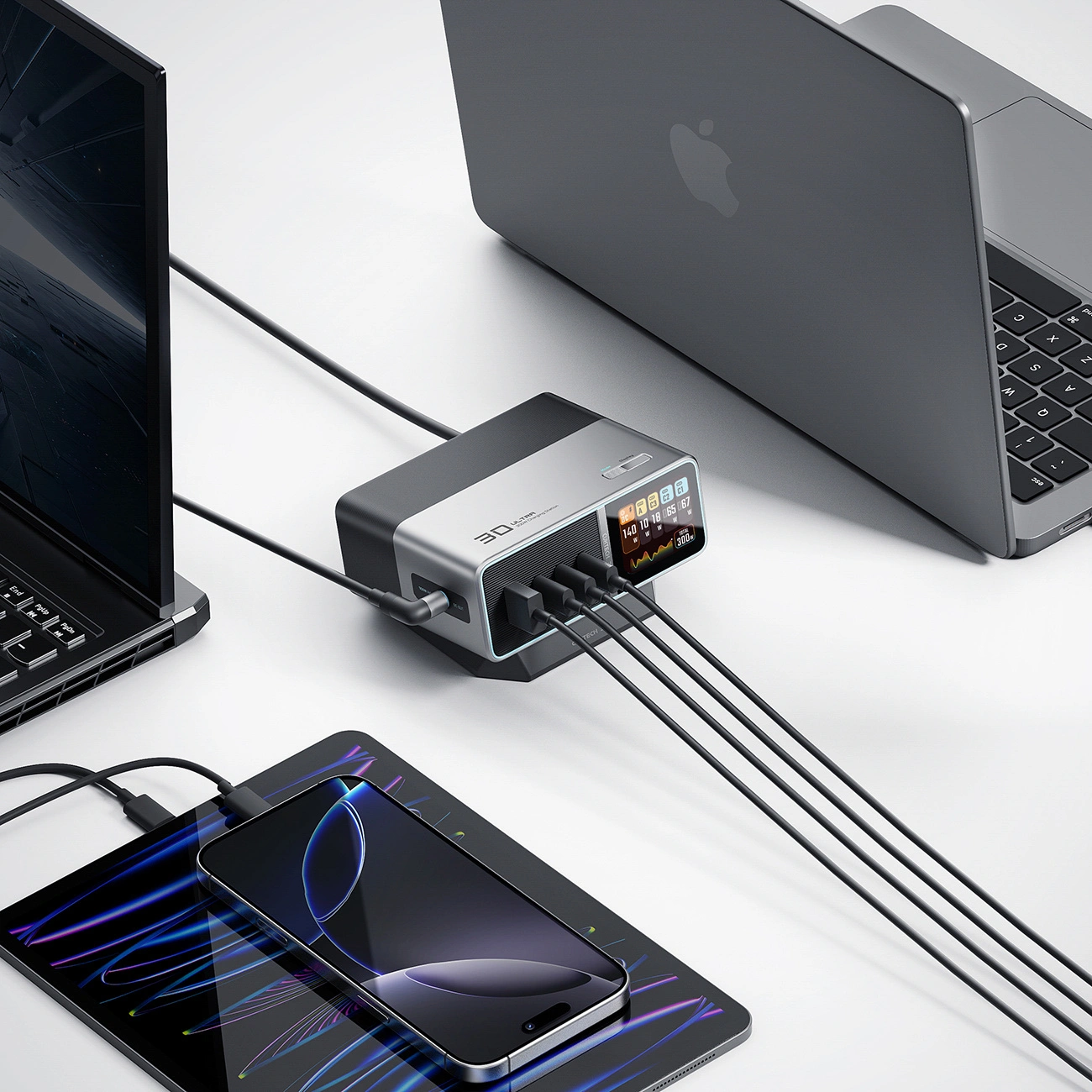 Cuktech TA3005U -latausasema, 300W, 1 x DC - 1 x USB-A - 3 x USB-C, harmaa
