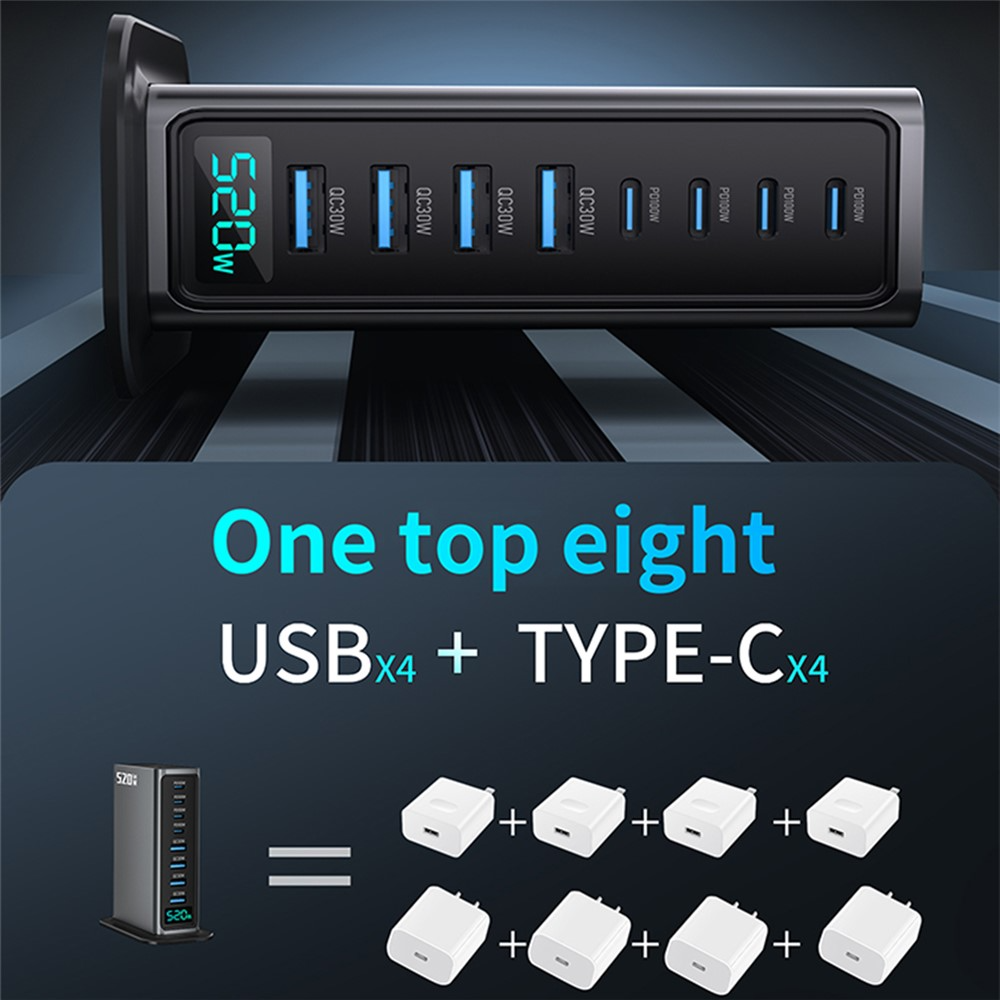 OEM-telakkalaturi, 520W, 5A, 4 x USB-A - 4 x USB-C, Harmaa
