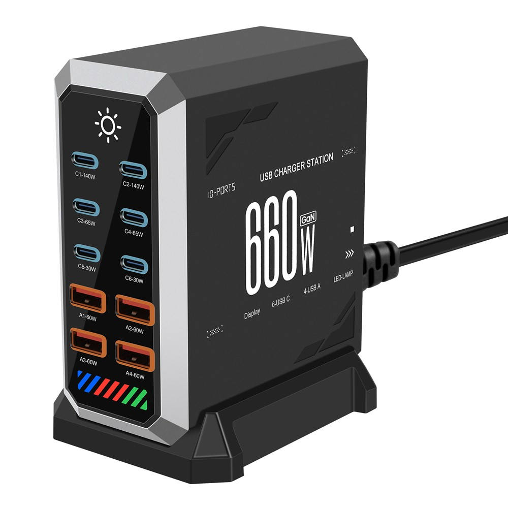OEM HW18 -latausasema, 660W, 5A, 4 x USB-A - 6 x USB-C, Musta