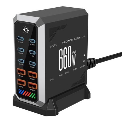 OEM HW18 -latausasema, 660W, 5A, 4 x USB-A - 6 x USB-C, Musta