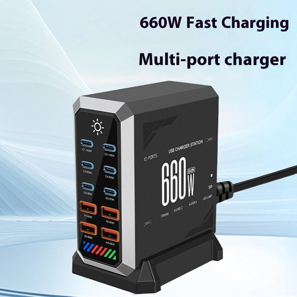 OEM HW18 -latausasema, 660W, 5A, 4 x USB-A - 6 x USB-C, Musta