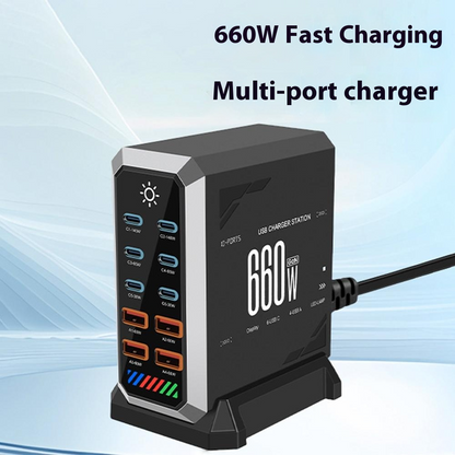 OEM HW18 -latausasema, 660W, 5A, 4 x USB-A - 6 x USB-C, Musta