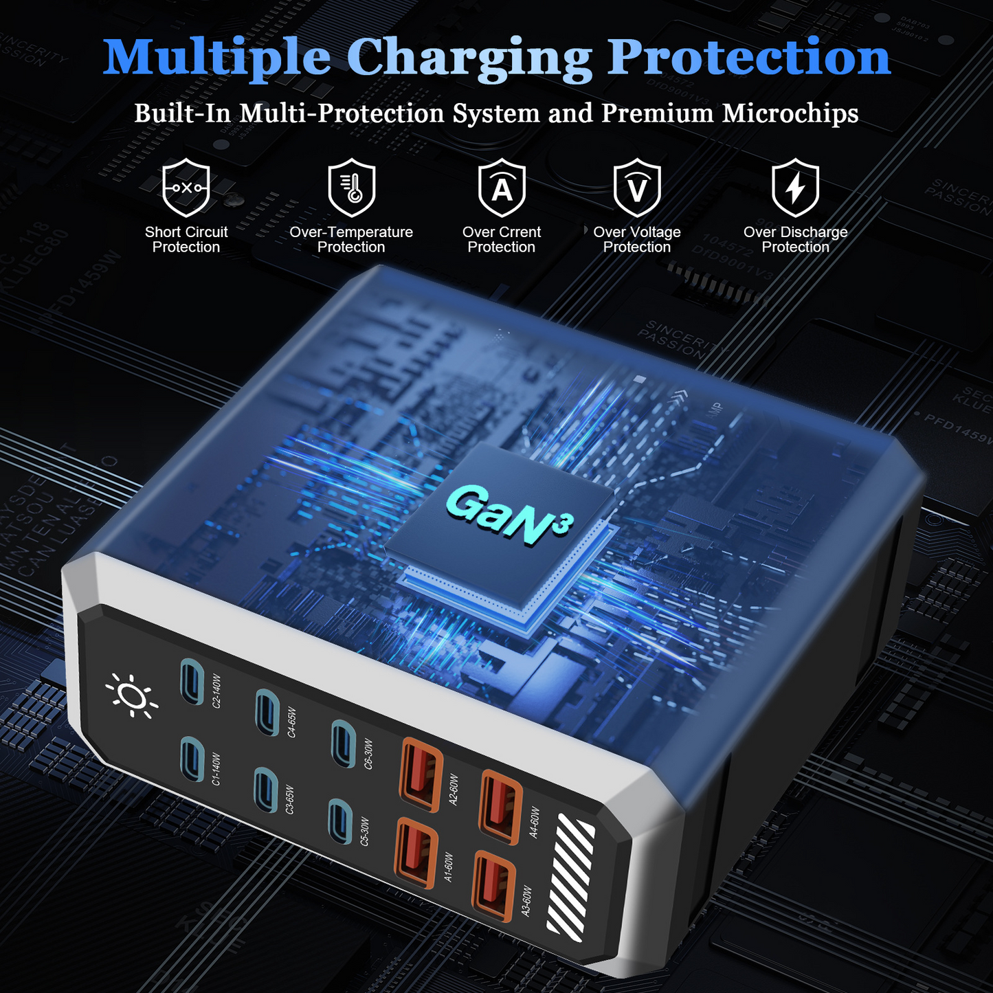 OEM HW18 -latausasema, 660W, 5A, 4 x USB-A - 6 x USB-C, Musta