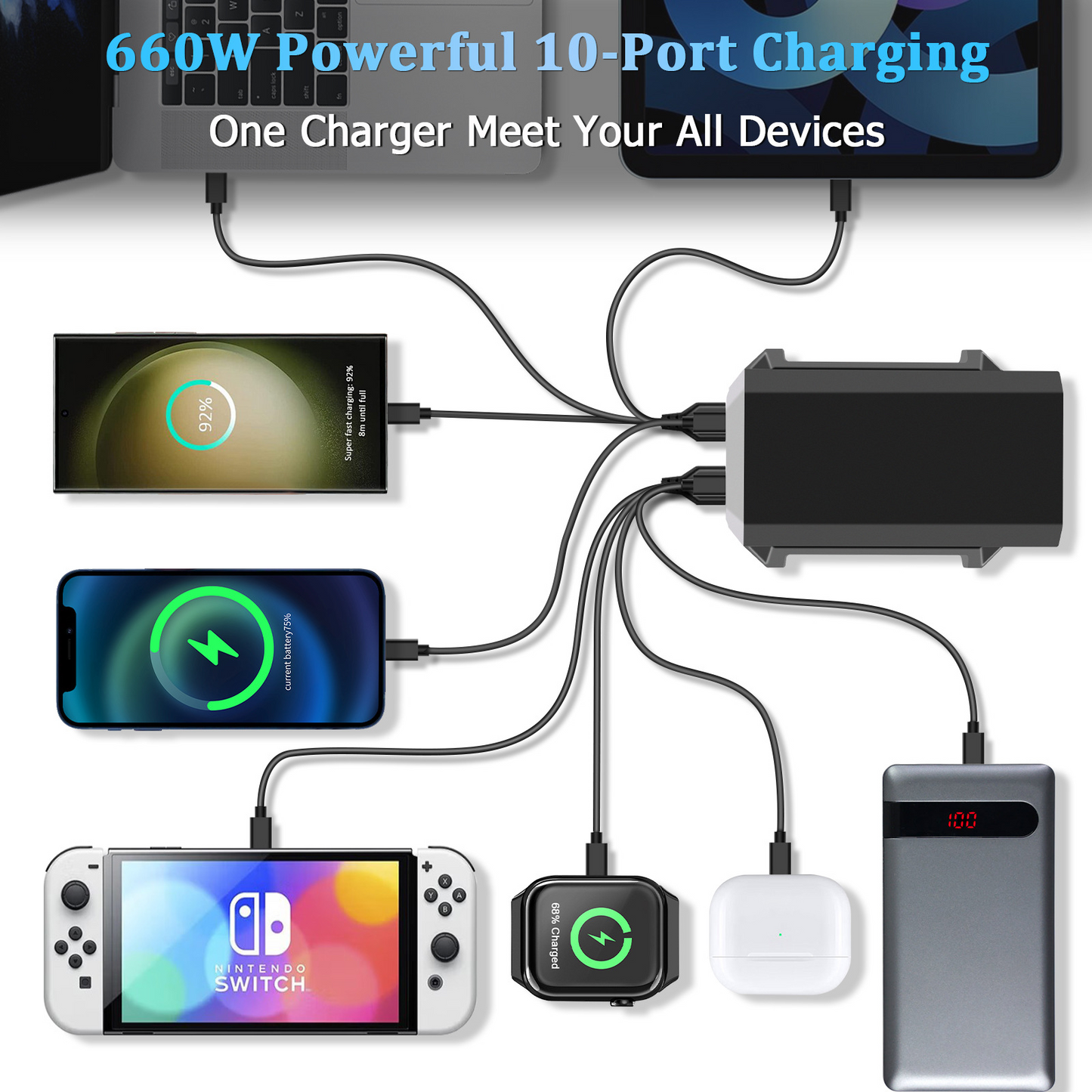 OEM HW18 -latausasema, 660W, 5A, 4 x USB-A - 6 x USB-C, Musta