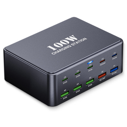OEM HW33 -telelaturi, 100W, 3A, 5 x USB-A - 5 x USB-C, Harmaa