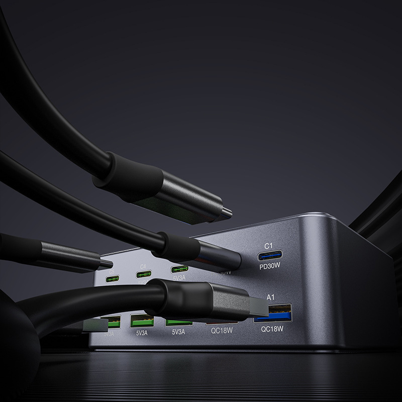 OEM HW33 -telelaturi, 100W, 3A, 5 x USB-A - 5 x USB-C, Harmaa