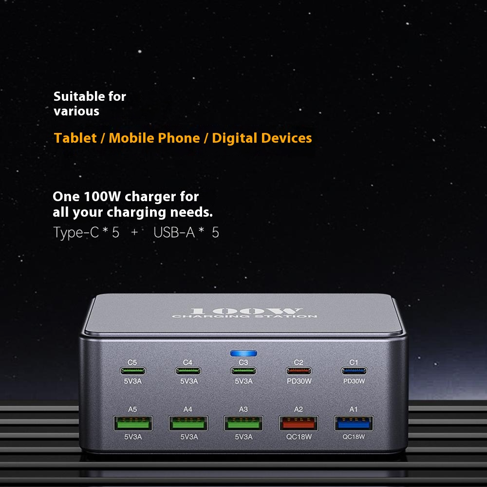 OEM HW33 -telelaturi, 100W, 3A, 5 x USB-A - 5 x USB-C, Harmaa
