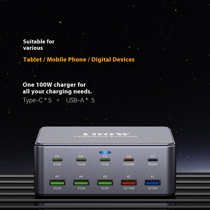 OEM HW33 -telelaturi, 100W, 3A, 5 x USB-A - 5 x USB-C, Harmaa