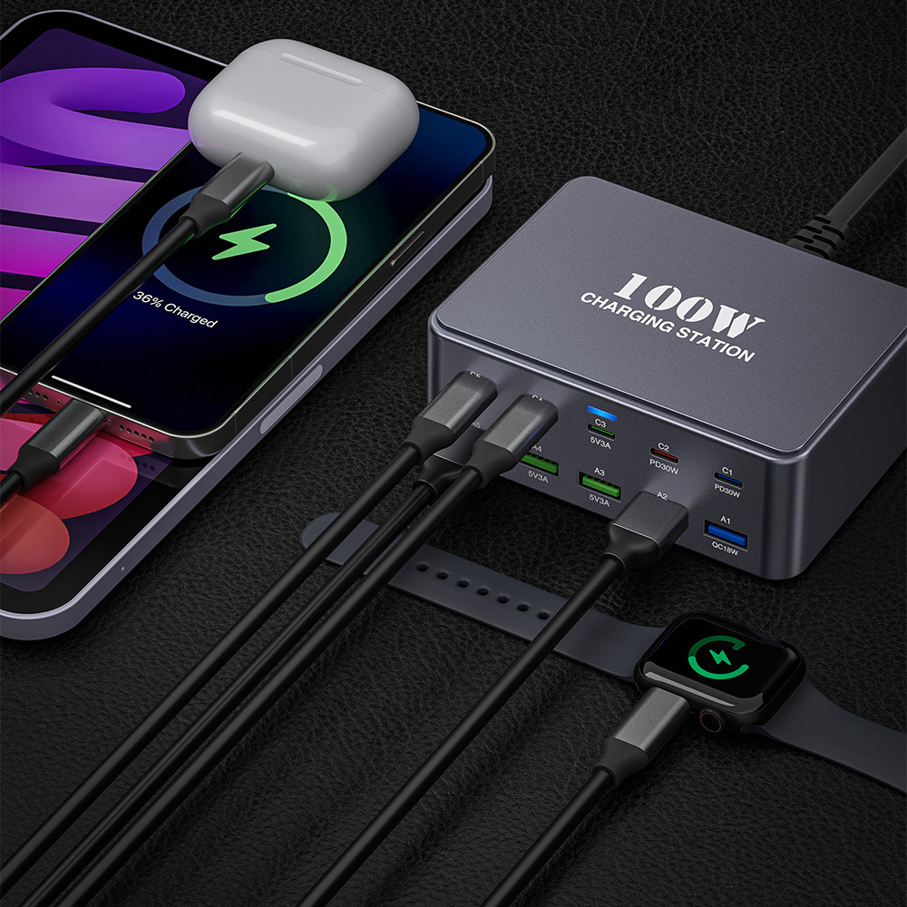 OEM HW33 -telelaturi, 100W, 3A, 5 x USB-A - 5 x USB-C, Harmaa