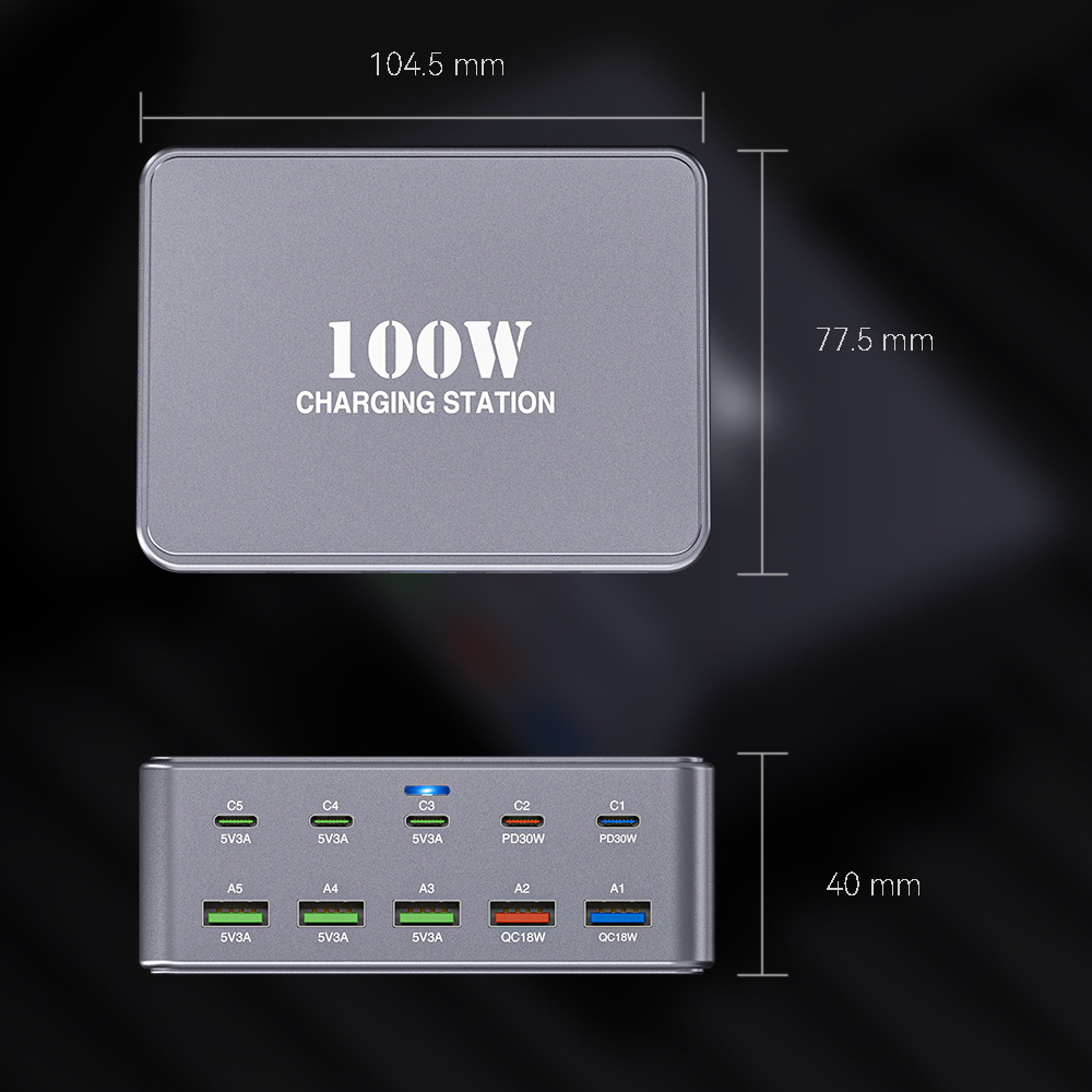 OEM HW33 -telelaturi, 100W, 3A, 5 x USB-A - 5 x USB-C, Harmaa
