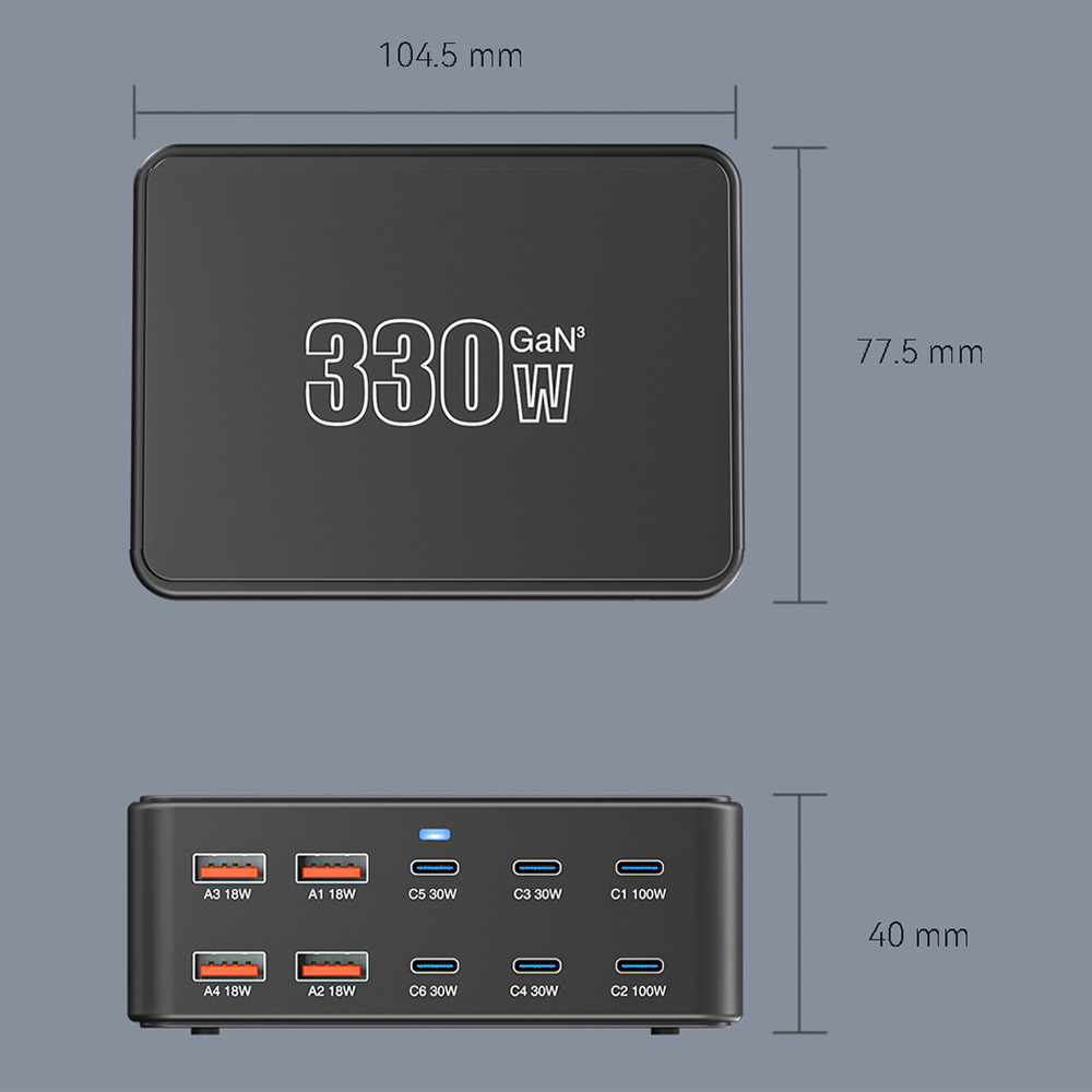 OEM HW66 Telakkalaturi, 330W, 5A, 4 x USB-A - 6 x USB-C, Musta