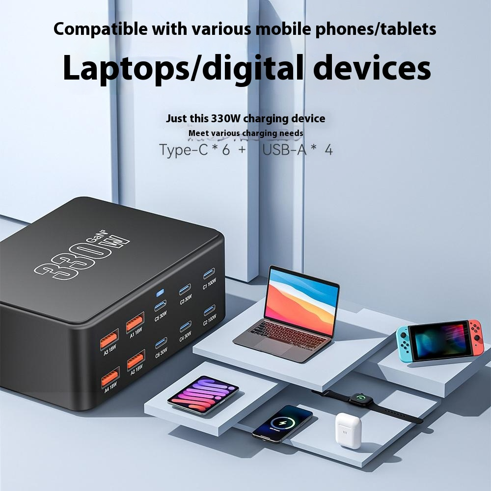 OEM HW66 Telakkalaturi, 330W, 5A, 4 x USB-A - 6 x USB-C, Musta