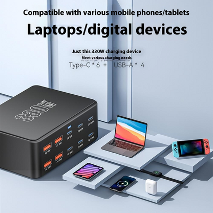 OEM HW66 Telakkalaturi, 330W, 5A, 4 x USB-A - 6 x USB-C, Musta