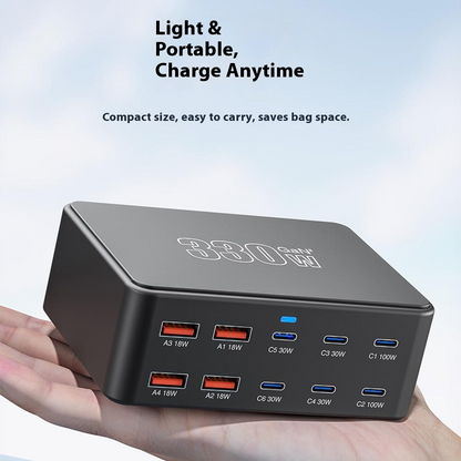 OEM HW66 Telakkalaturi, 330W, 5A, 4 x USB-A - 6 x USB-C, Musta