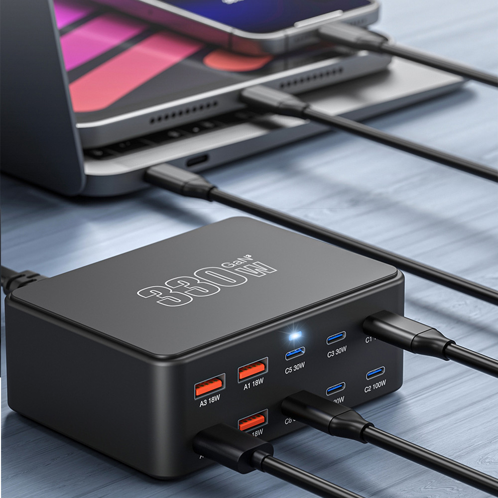OEM HW66 Telakkalaturi, 330W, 5A, 4 x USB-A - 6 x USB-C, Musta