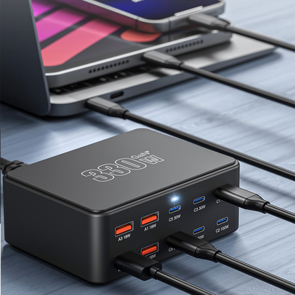 OEM HW66 Telakkalaturi, 330W, 5A, 4 x USB-A - 6 x USB-C, Musta