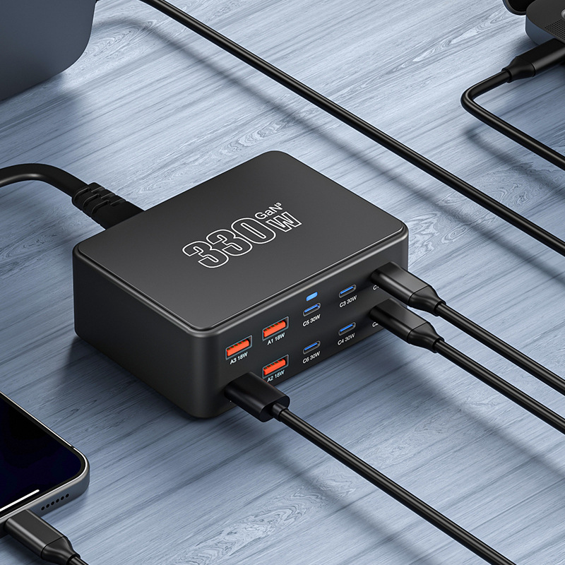 OEM HW66 Telakkalaturi, 330W, 5A, 4 x USB-A - 6 x USB-C, Musta