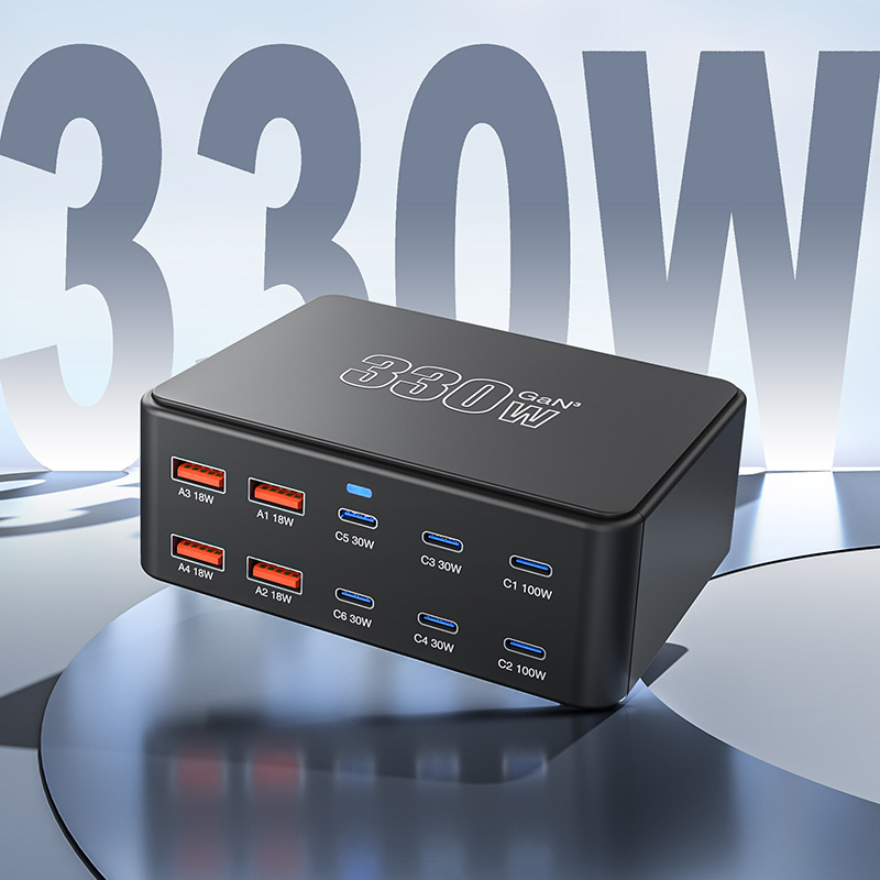 OEM HW66 Telakkalaturi, 330W, 5A, 4 x USB-A - 6 x USB-C, Musta