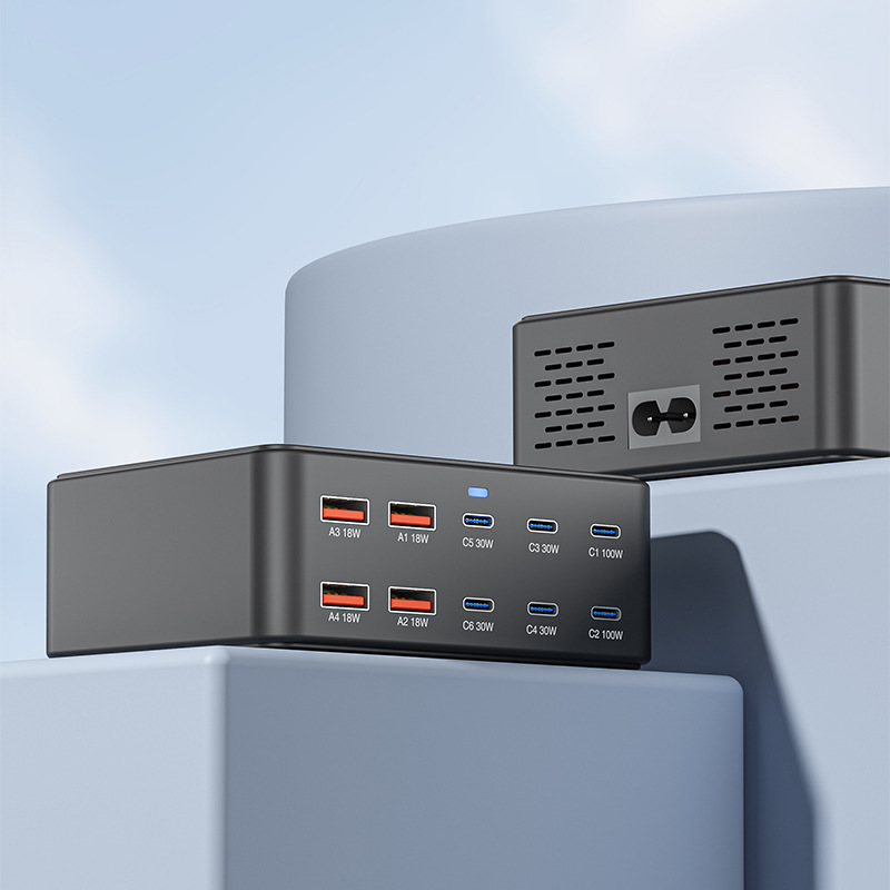 OEM HW66 Telakkalaturi, 330W, 5A, 4 x USB-A - 6 x USB-C, Musta