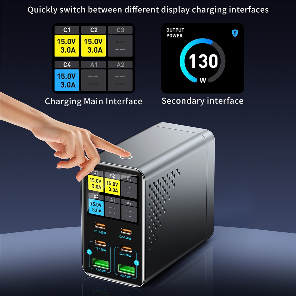 OEM WLX-G3 -telakointilaturi, 140W, 5A, 2 x USB-A - 4 x USB-C, Harmaa