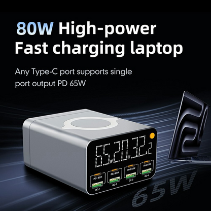 OEM WLX-M3 QI -latausasema, 80W, 4 x USB-A - 4 x USB-C, Harmaa