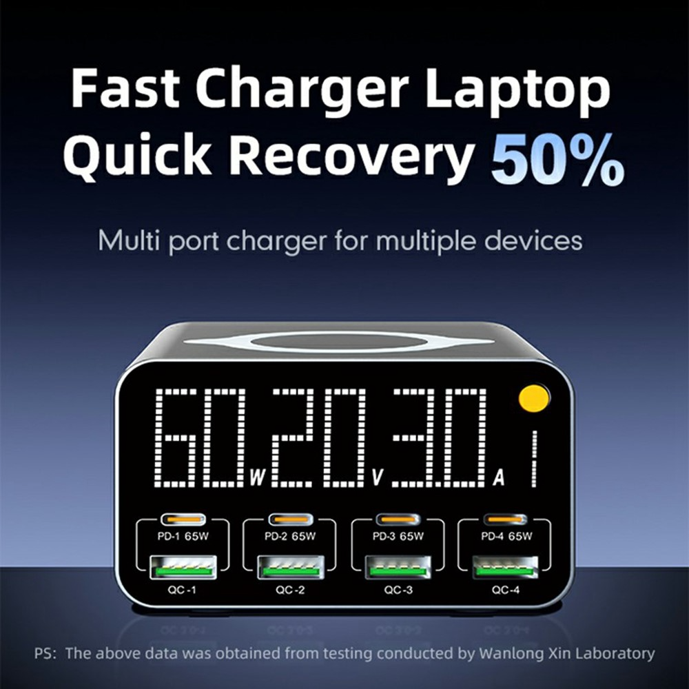 OEM WLX-M3 QI -latausasema, 80W, 4 x USB-A - 4 x USB-C, Harmaa