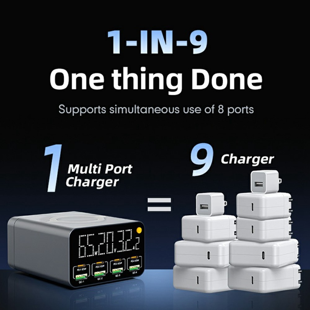 OEM WLX-M3 QI -latausasema, 80W, 4 x USB-A - 4 x USB-C, Harmaa