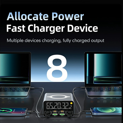 OEM WLX-M3 QI -latausasema, 80W, 4 x USB-A - 4 x USB-C, Harmaa