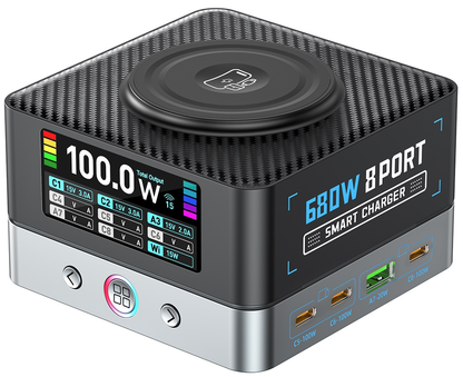 OEM WLX-R8A QI -latausasema, 140W, 5A, 2 x USB-A - 6 x USB-C, Harmaa