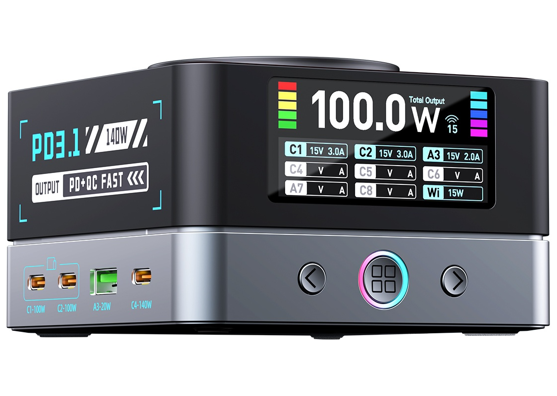 OEM WLX-R8A QI -latausasema, 140W, 5A, 2 x USB-A - 6 x USB-C, Harmaa