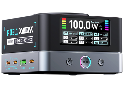 OEM WLX-R8A QI -latausasema, 140W, 5A, 2 x USB-A - 6 x USB-C, Harmaa