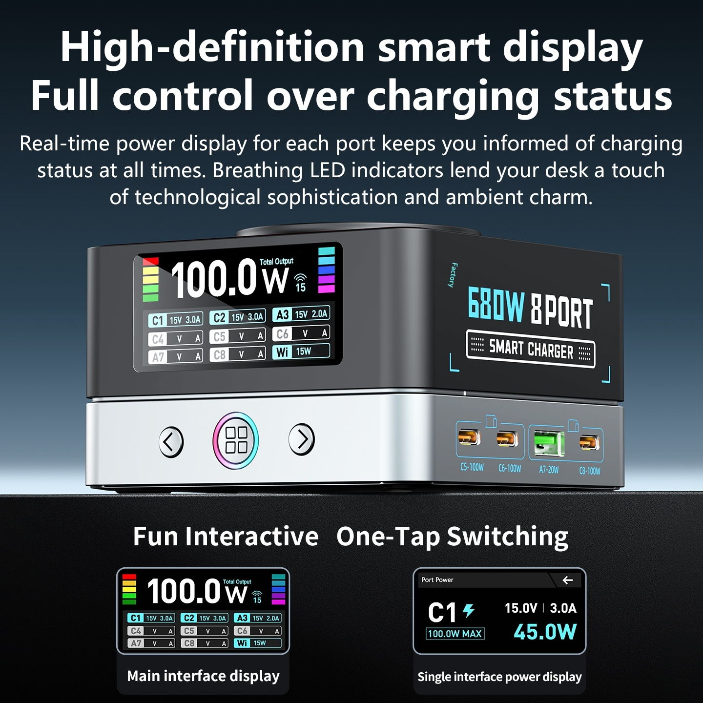OEM WLX-R8A QI -latausasema, 140W, 5A, 2 x USB-A - 6 x USB-C, Harmaa