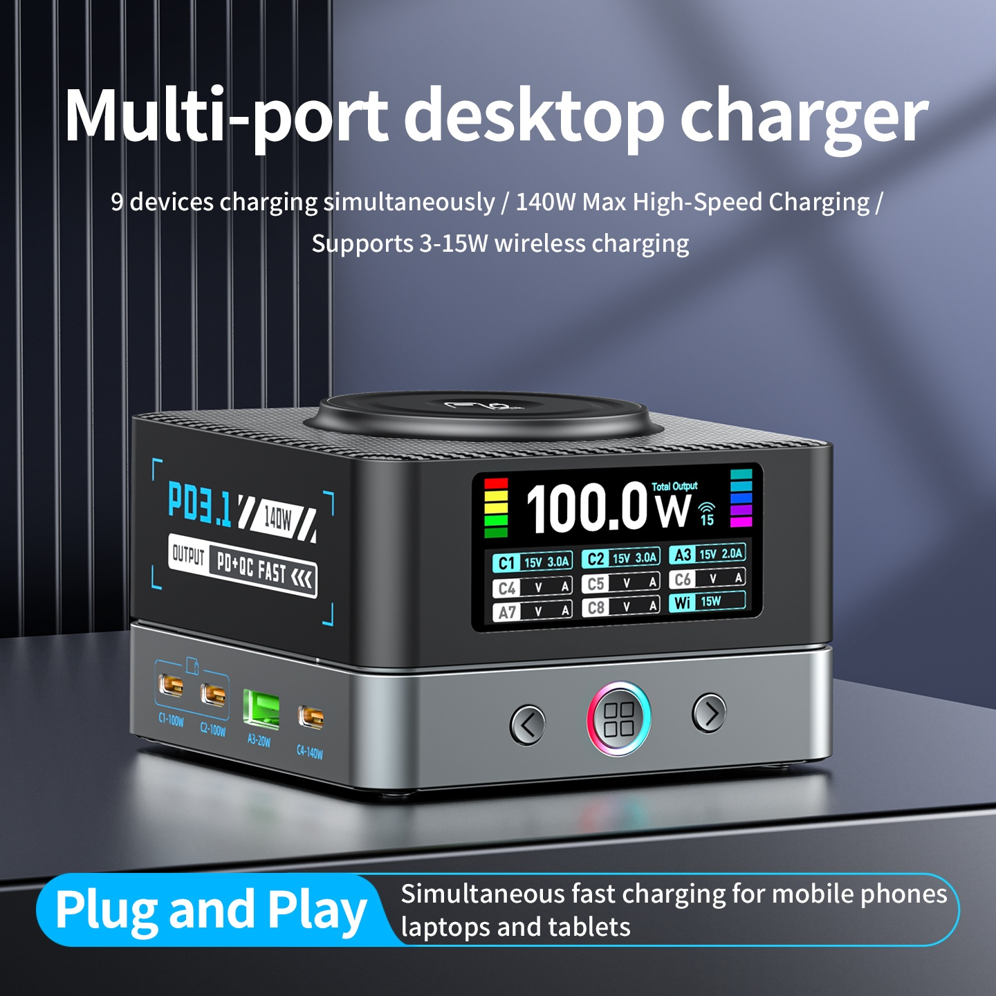 OEM WLX-R8A QI -latausasema, 140W, 5A, 2 x USB-A - 6 x USB-C, Harmaa