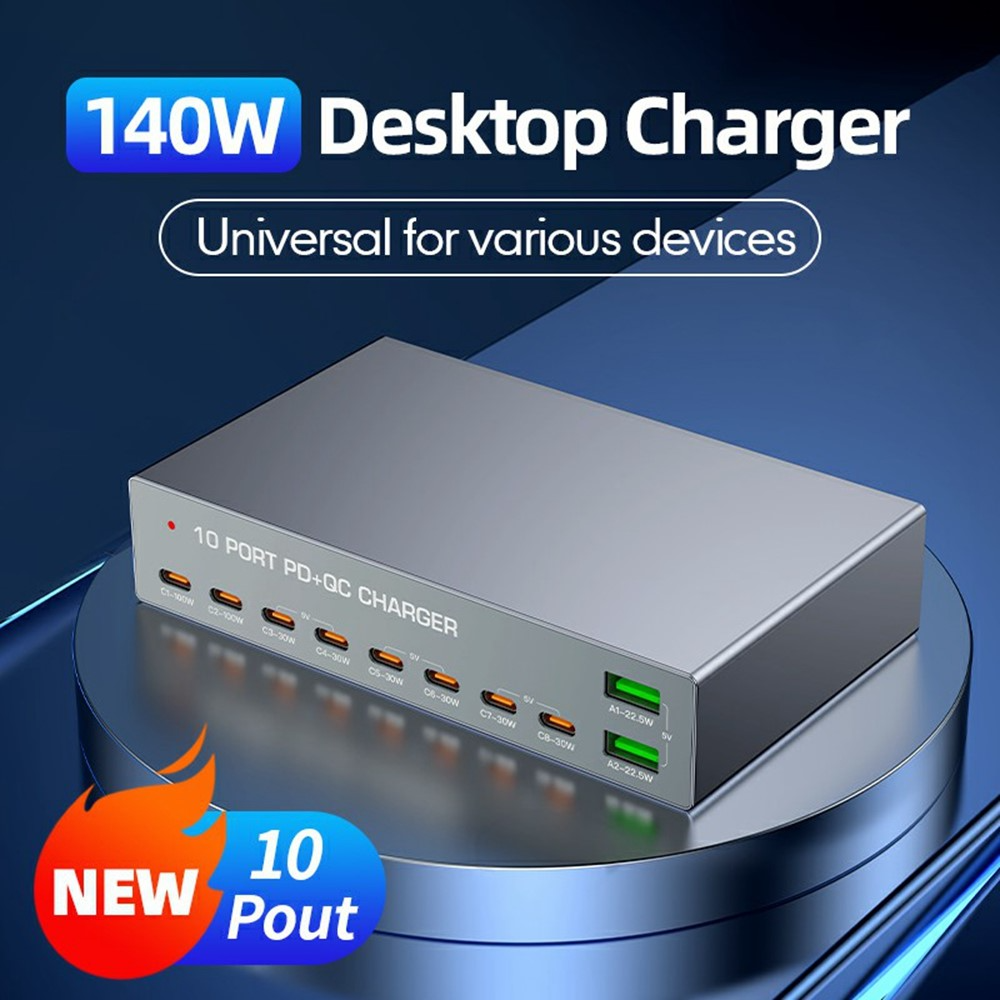 OEM WLX-X6Y -latausasema, 140W, 5A, 2 x USB-A - 8 x USB-C, hopea