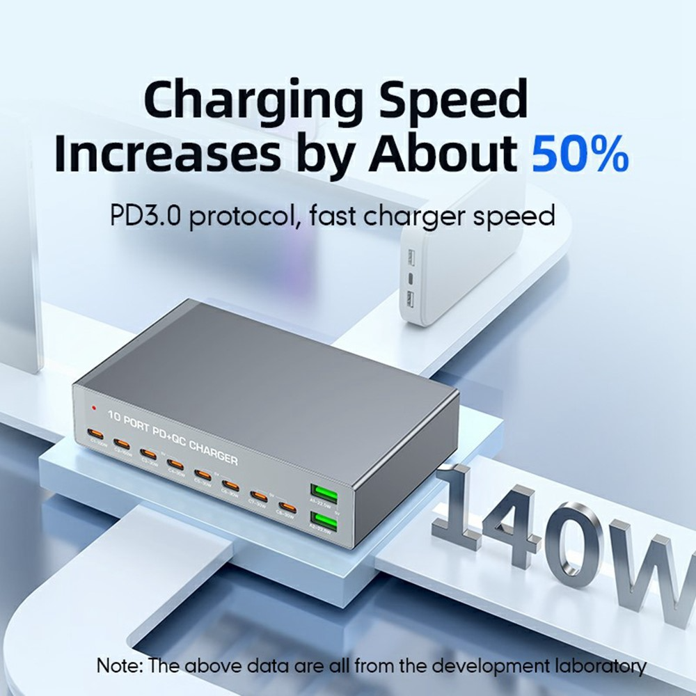 OEM WLX-X6Y -latausasema, 140W, 5A, 2 x USB-A - 8 x USB-C, hopea
