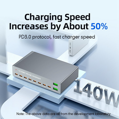 OEM WLX-X6Y -latausasema, 140W, 5A, 2 x USB-A - 8 x USB-C, hopea
