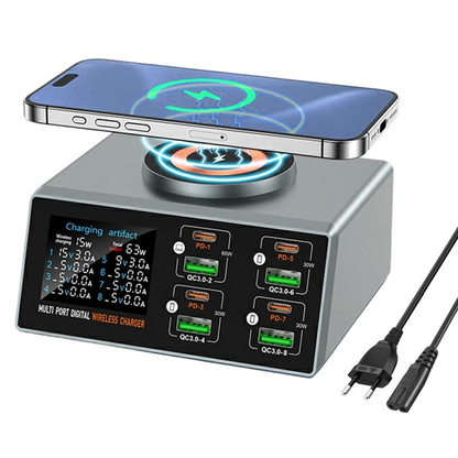 OEM WLX-X9S QI -latausasema, 140W, 3A, 4 x USB-A - 4 x USB-C, hopea