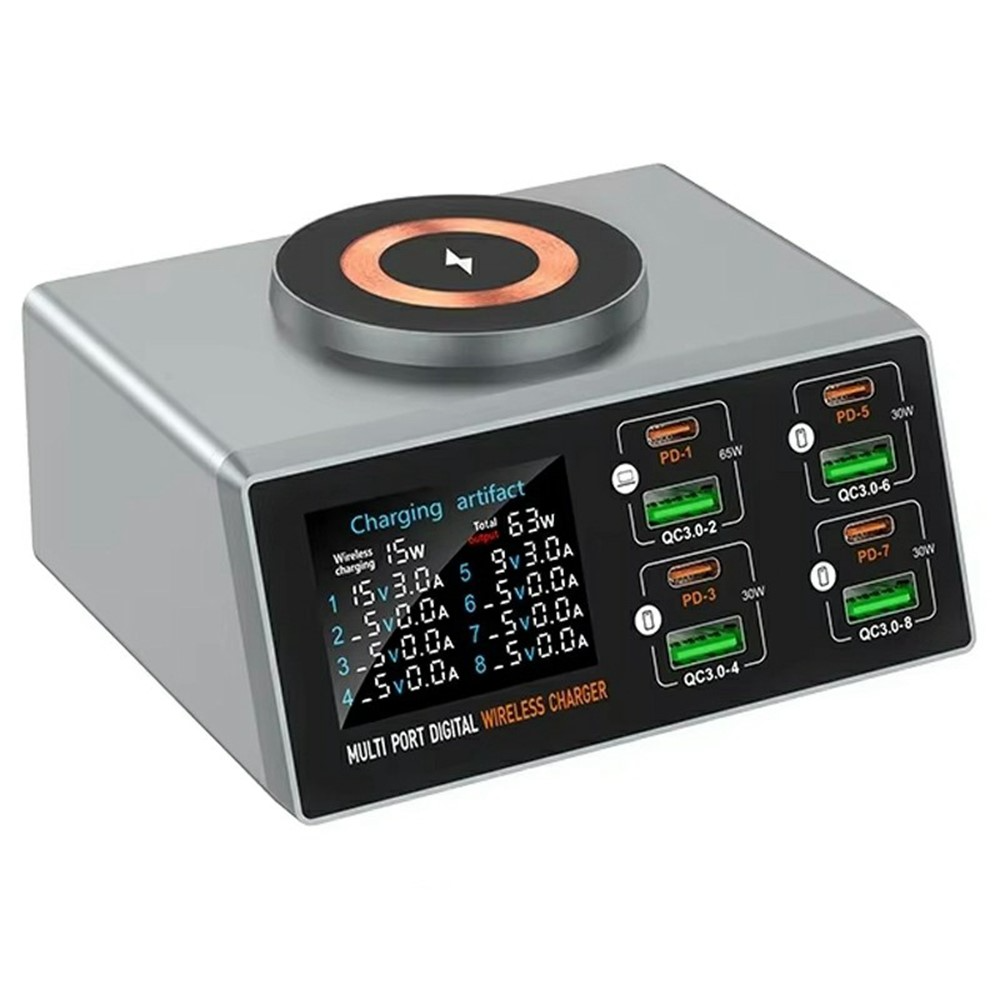 OEM WLX-X9S QI -latausasema, 140W, 3A, 4 x USB-A - 4 x USB-C, hopea