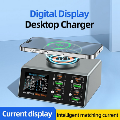 OEM WLX-X9S QI -latausasema, 140W, 3A, 4 x USB-A - 4 x USB-C, hopea