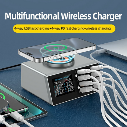 OEM WLX-X9S QI -latausasema, 140W, 3A, 4 x USB-A - 4 x USB-C, hopea