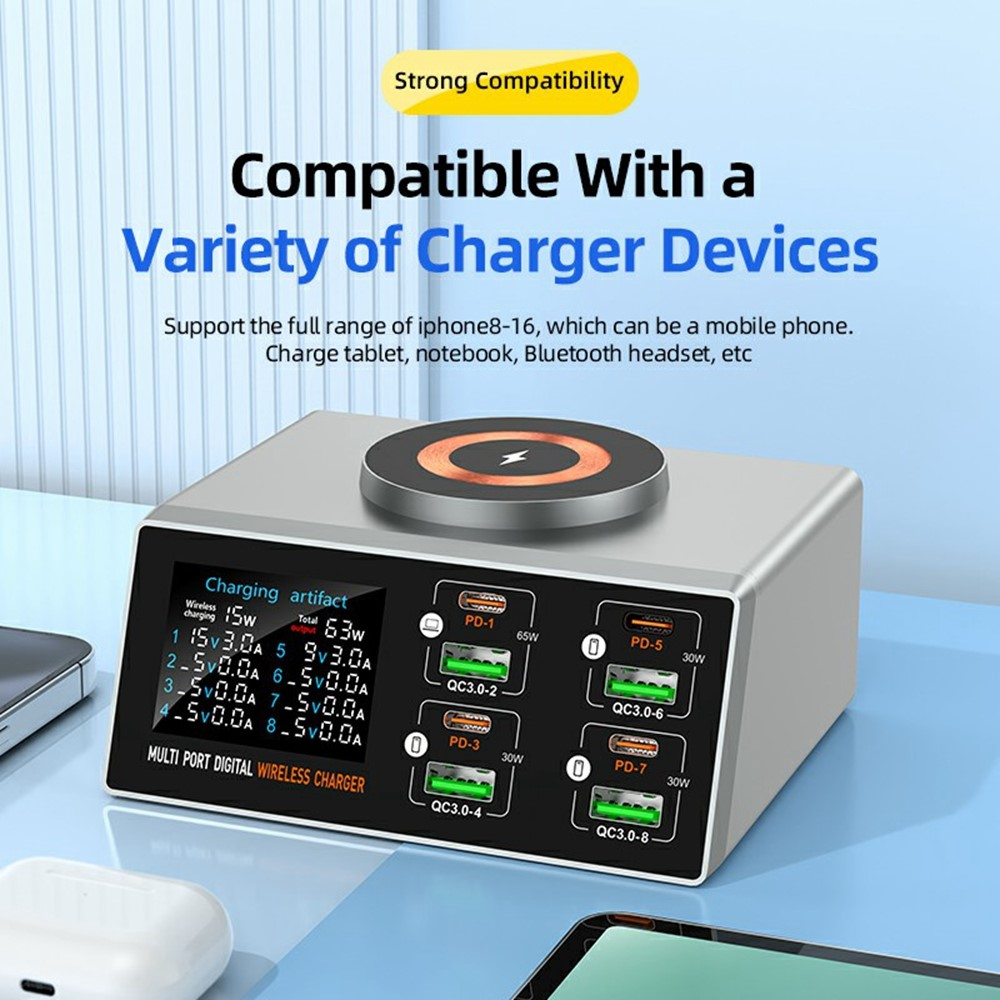 OEM WLX-X9S QI -latausasema, 140W, 3A, 4 x USB-A - 4 x USB-C, hopea